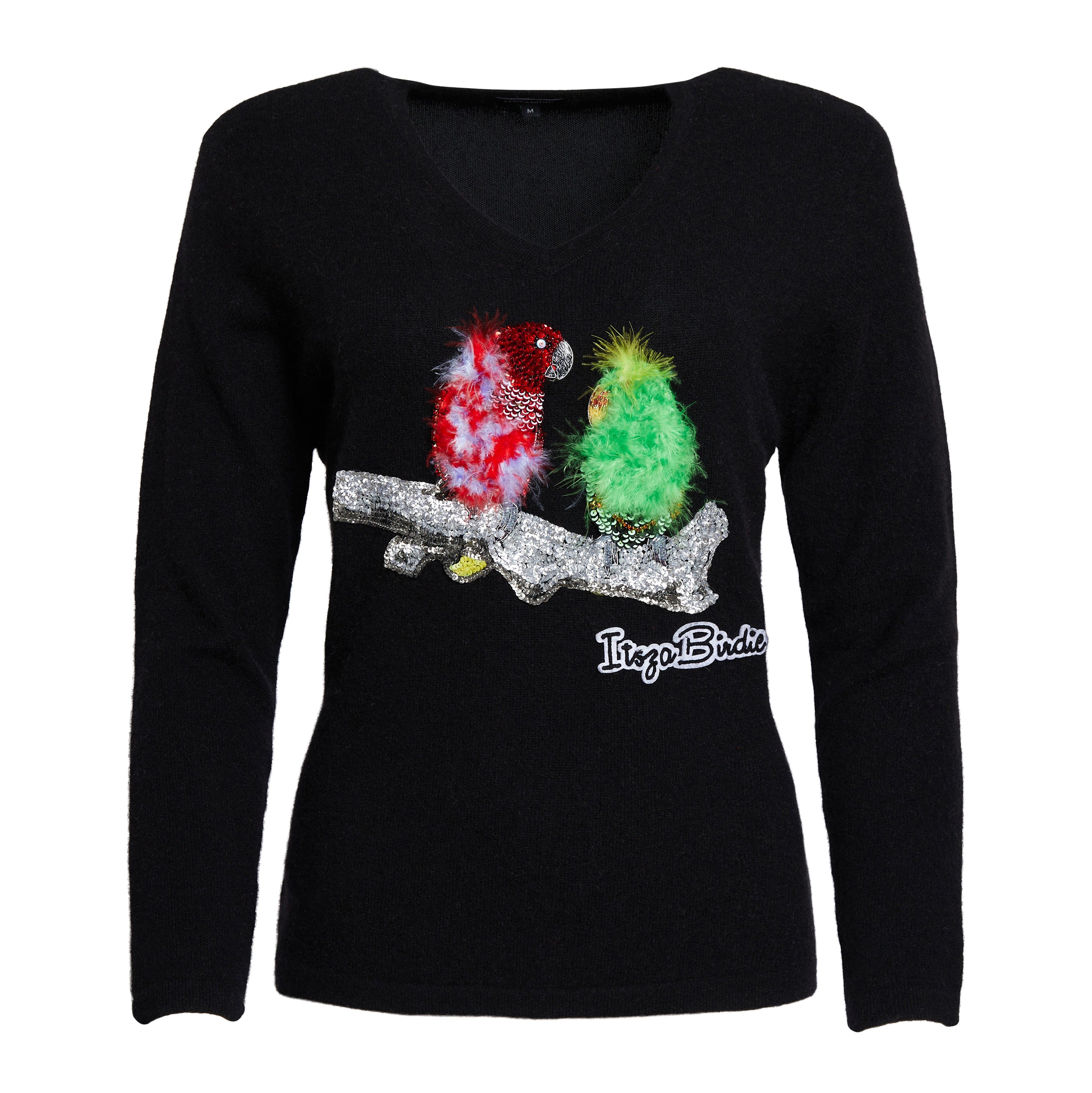 【SATIIIZ】Paz V-neck embroidery sweatshirt Love Birds Perched on a Branch - Black V Neck Cashmere