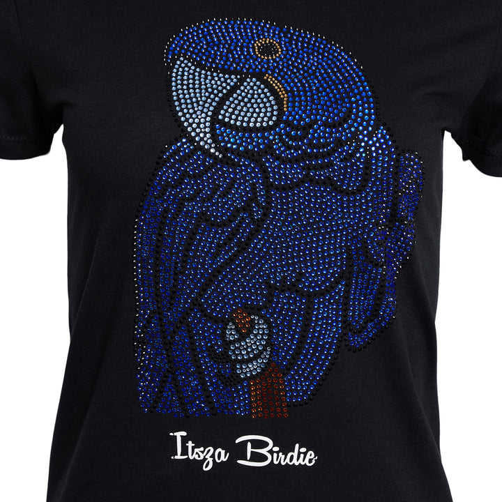 Itsza Birdie Blue Bird made with the Highest quality Swarovski crystal stones Cotton Black T-shirt Long