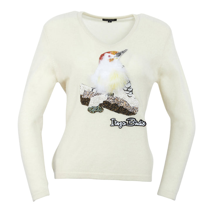 Red-Bellied Woodpecker on Off White V Neck Cashmere Sweater