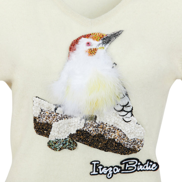 Red-Bellied Woodpecker on Off White V Neck Cashmere Sweater