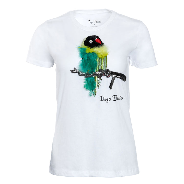 Itsza Birdie Cute Green Bird Cotton White T-shirt