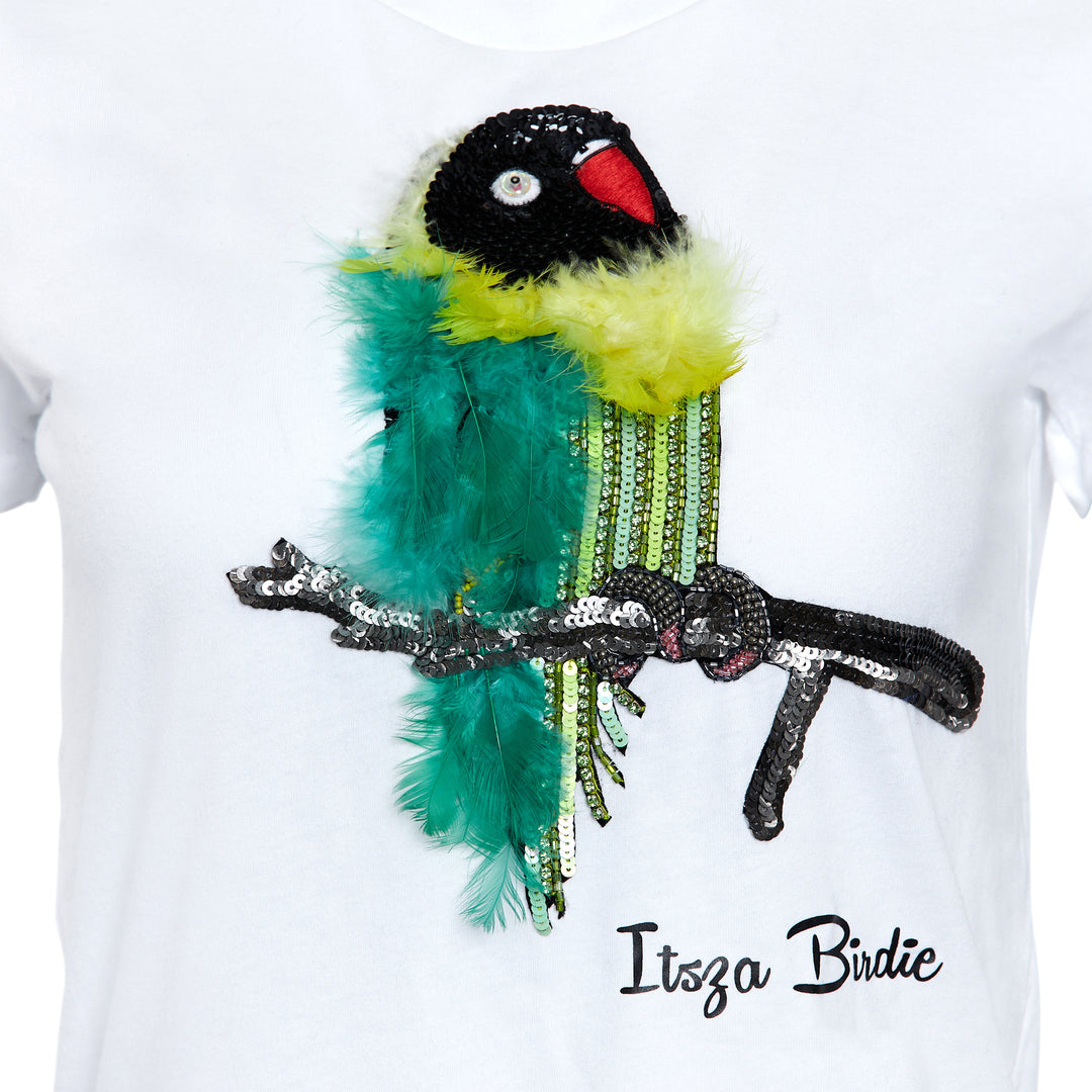 Itsza Birdie Cute Green Bird Cotton White T-shirt