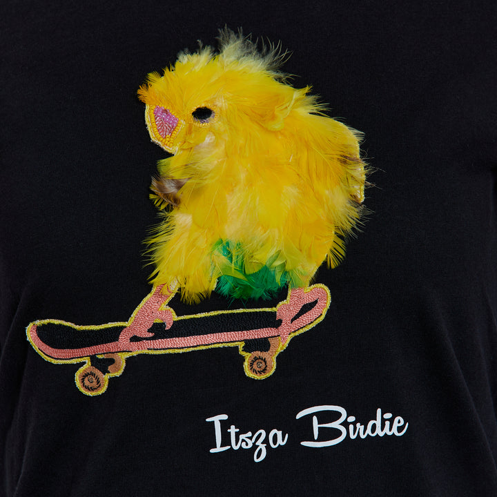 Itsza Birdie Yellow Bird Skating Cotton Black T-shirt