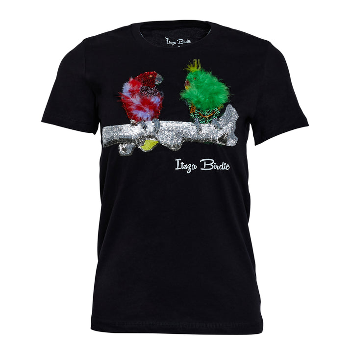 Itsza Birdie Cute Couple Birds Cotton Black T-shirt