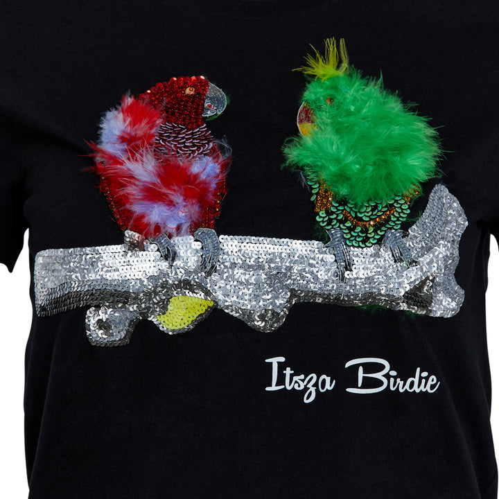 Itsza Birdie Cute Couple Birds Cotton Black T-shirt