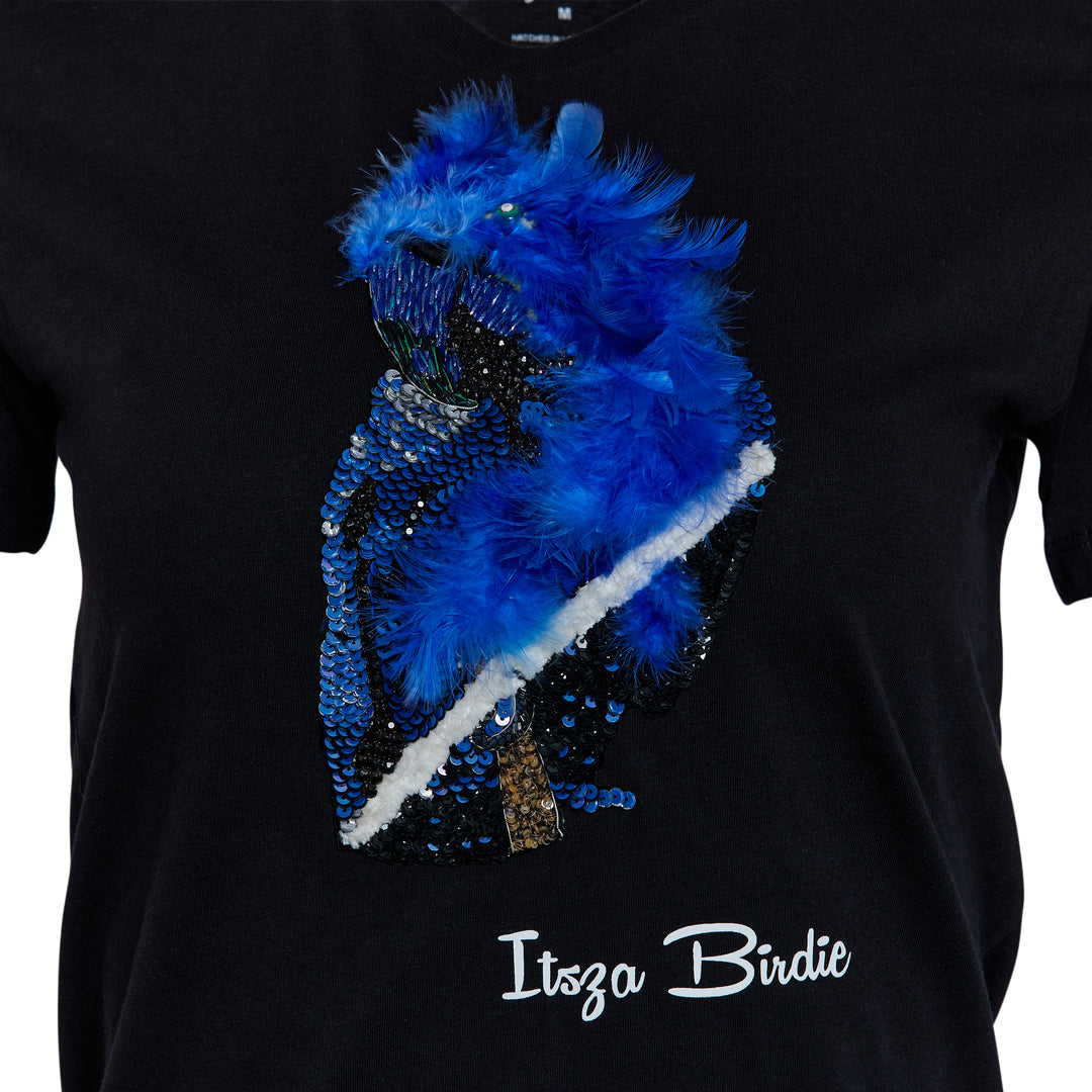 Itsza Birdie Big Blue Bird Cotton Black T-shirt