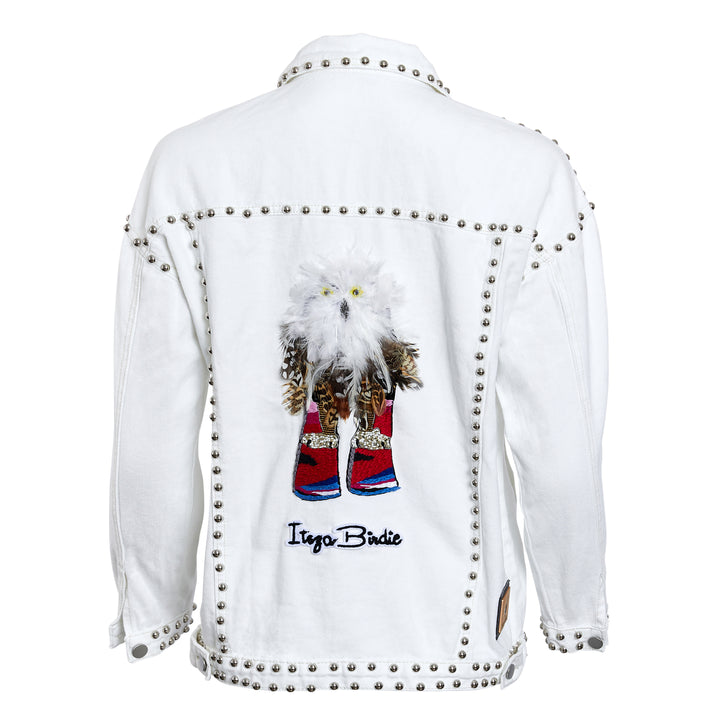 Itsza Birdie Denim Jacket White with Bird Skiing