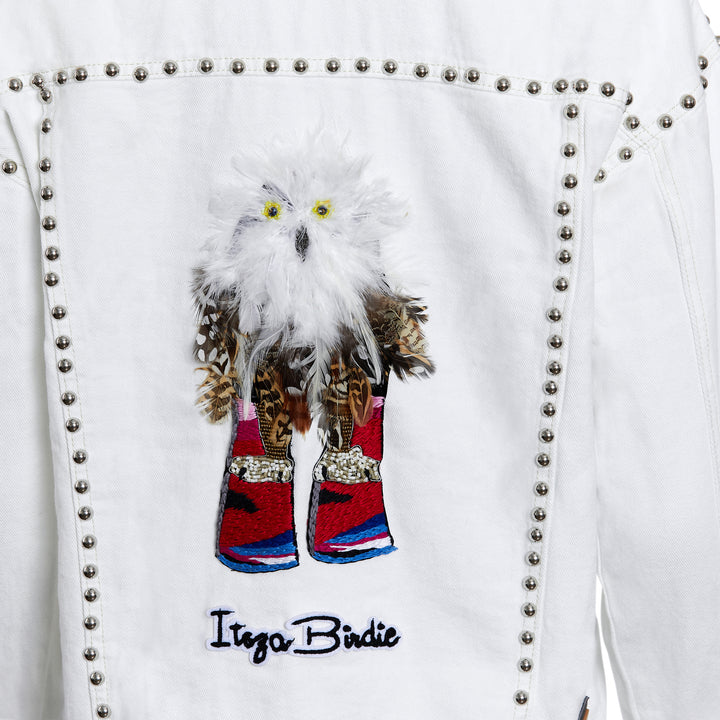 Itsza Birdie Denim Jacket White with Bird Skiing