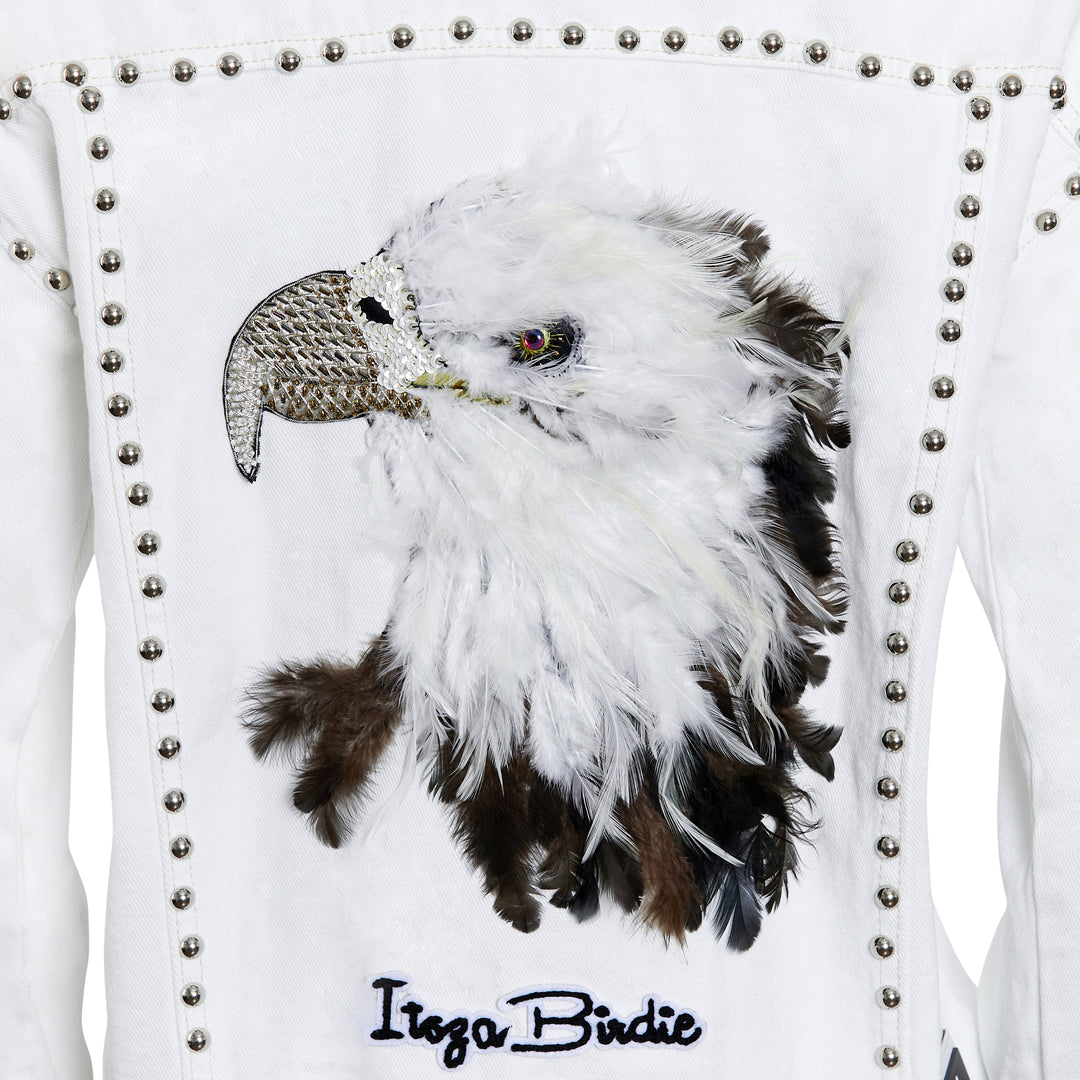 Itsza Birdie Denim Jacket White with Big Bird