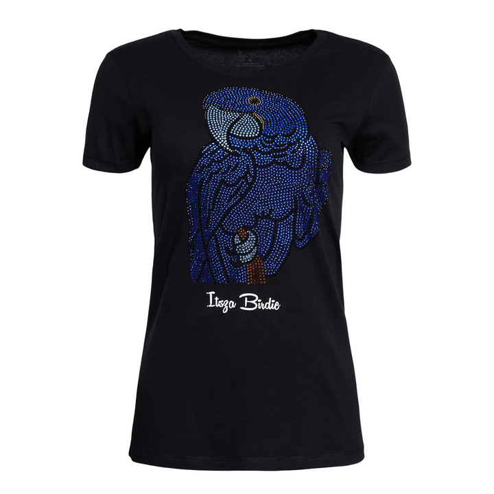 Itsza Birdie Blue Bird made with the Highest quality Swarovski crystal stones Cotton Black T-shirt Long